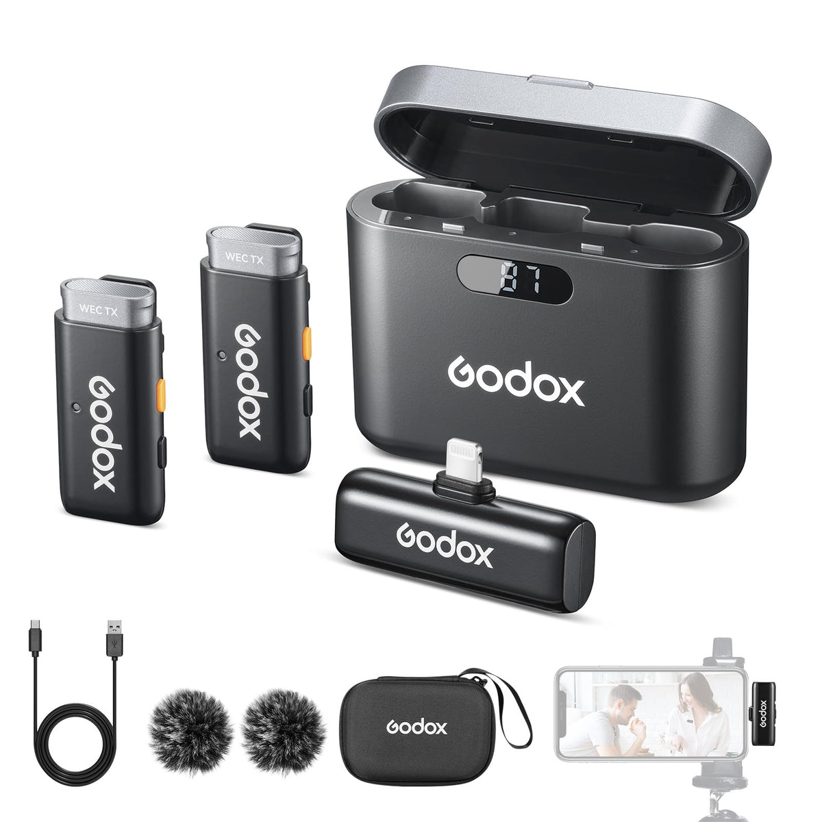 GODOX WES1 Kit2 Wireless Lavalier Microphone for iPhone, MFi Certified, Plug and Play, Noise Cancelling Lapel Mic with 656ft Transmission, Compatible with iPhone, iPad, for Vlogs/Interviews/Live