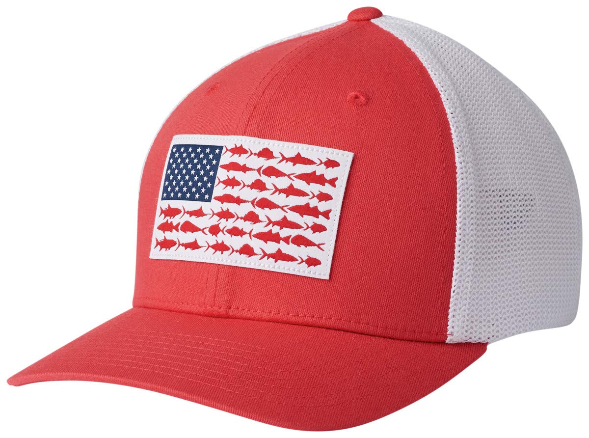 Columbia PFG Fish Flag Mesh Ball Cap-High Crown, Red, White, Small-Medium