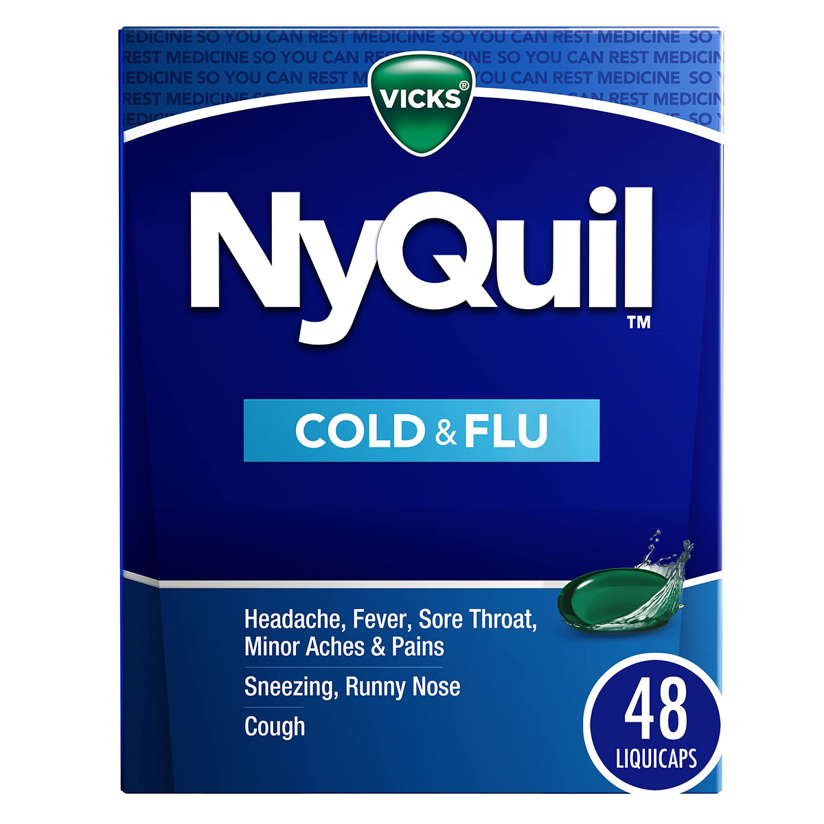 Vicks NyQuil Cold and Flu Relief Liquid Medicine, Powerful Multi-Symptom Nighttime Relief for Headache, Fever, Sore Throat, Minor Aches and Pains, Sneezing, Runny Nose, and Cough, 48 Liquicaps