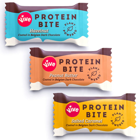Vive Protein Bites, Gluten Free, High Fibre, Vegan Snacks, Mini Protein Bars, Dark Chocolate Coated Mixed Box, 6 x 20g
