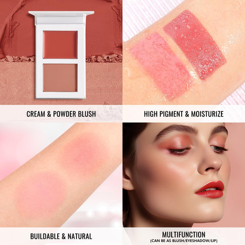 Pink Blush for Cheeks, Richly Pigmented Mineral Rubores De Maquillaje Duo Blush Palette for Women and Girls, Moisturizing Blendable Buildable Pinkness Korean Blusher, Waterproof Talc Free (PINK 05#)