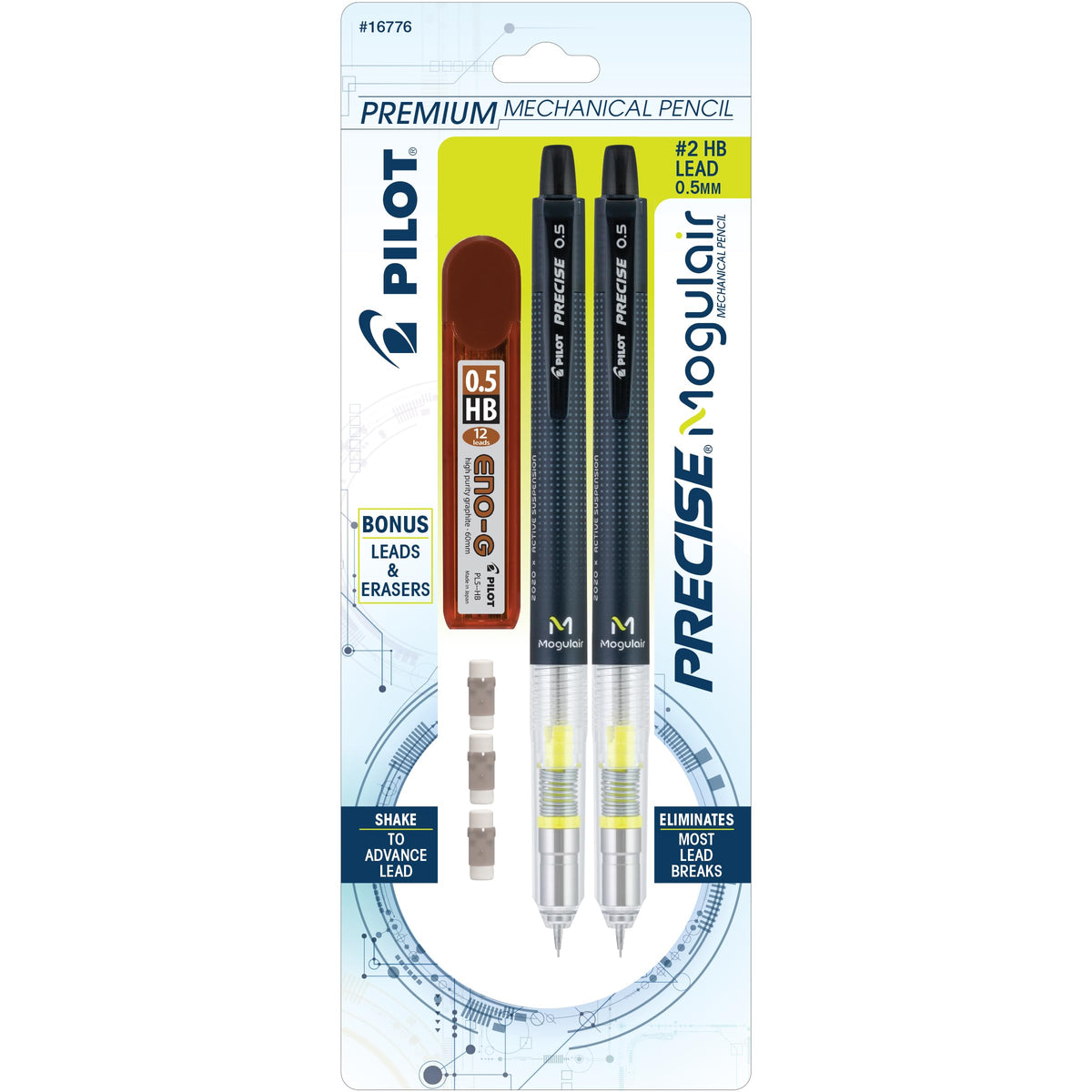 Pilot, Precise Mogulair Premium Mechanical Pencils, 0.5 mm HB Lead, Includes 12 Leads and 3 Erasers, Black Barrel, Pack of 2