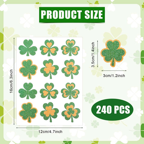 240pcs Shamrock Tattoos Temporary, Glitter St Patrick's Day Tattoo Lucky Clover Sticker for Face Irish Holiday Party Favors Parade Decoration for Kids Adult