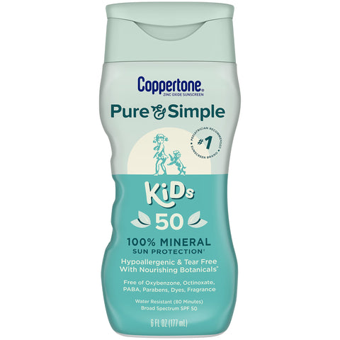 Coppertone Pure and Simple Sunscreen Lotion, Zinc Oxide Mineral Sunscreen for Kids, Tear Free, Broad Spectrum SPF 50 Sunscreen, 6 Fl Oz Bottle