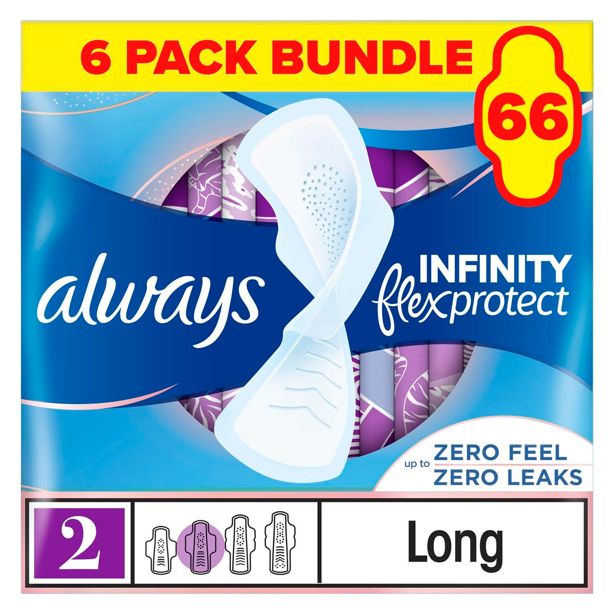 Always Infinity Sanitary Towels with Wings Long (Size 2) 66 Pads, Up to Zero Feel, Up to Zero Leaks, Thin and Flexible Protection, Always' Softest Top Layer