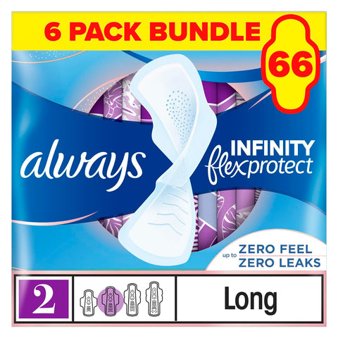 Always Infinity Sanitary Towels with Wings Long (Size 2) 66 Pads, Up to Zero Feel, Up to Zero Leaks, Thin and Flexible Protection, Always' Softest Top Layer