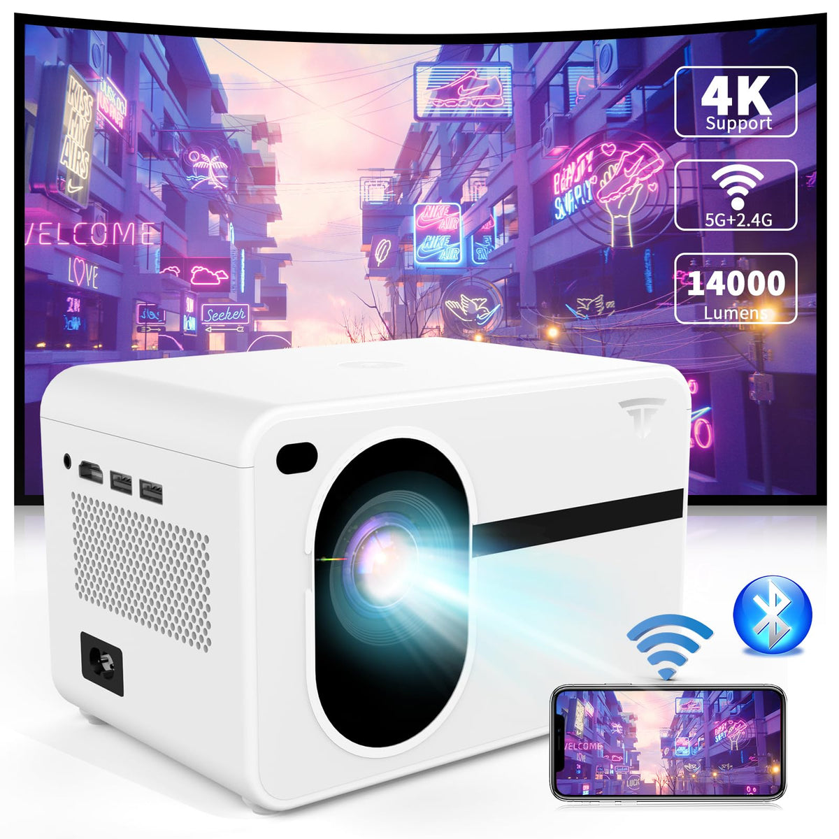 Mini Projector with Wifi and Bluetooth Native 1080P fhd, 14000L ZDK Video Movie Portable Outdoor Wifi Projector Home Theater, Proyector Compatible with iOS/Android Phone/Laptop/PC/TV Stick/HDMI/USB/AV