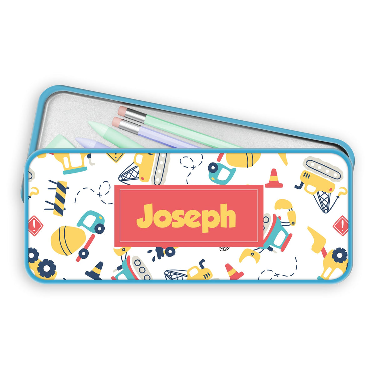 Print Maniacs Personalised Trucks Pencil Case Tin Kids Boys Girls Back to School Stationary Organizers Bag Construction (Blue Case)