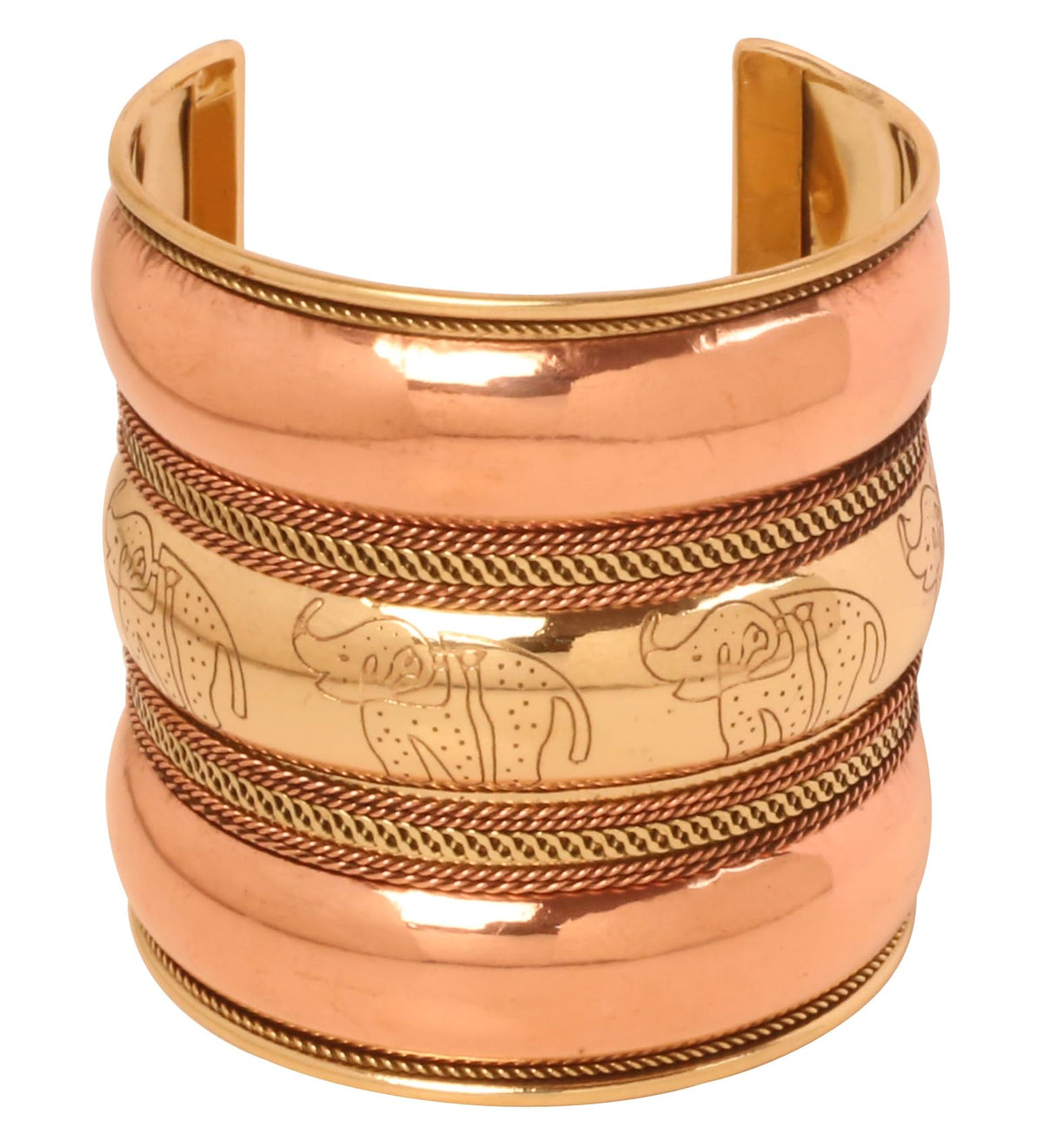 Touchstone Indian Bollywood Handcrafted Pretty Engraved Elephant Motif Thin Wire Work Thick 3 Inches Broad Designer Jewelry Cuff Bracelet In Gold Copper Two Tones For Women.