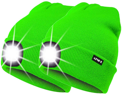 ATNKE 2Pcs New Warm LED Lighted Beanie Cap Unisex USB Rechargeable Running Hat Ultra Bright 4 LED Waterproof Light Lamp Multi-color/Fluorescent green