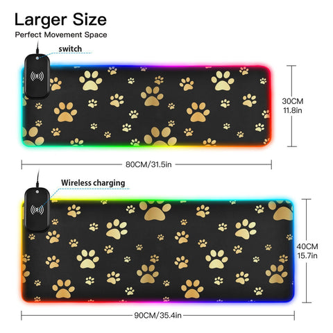 Dog Gold Paw Prints Wireless Charging Mouse Pad for Mobile Phone Extra Large Gaming Mousepad with 13 Lighting Modes Computer Mat for Gaming MacBook PC Laptop Desk Home Office