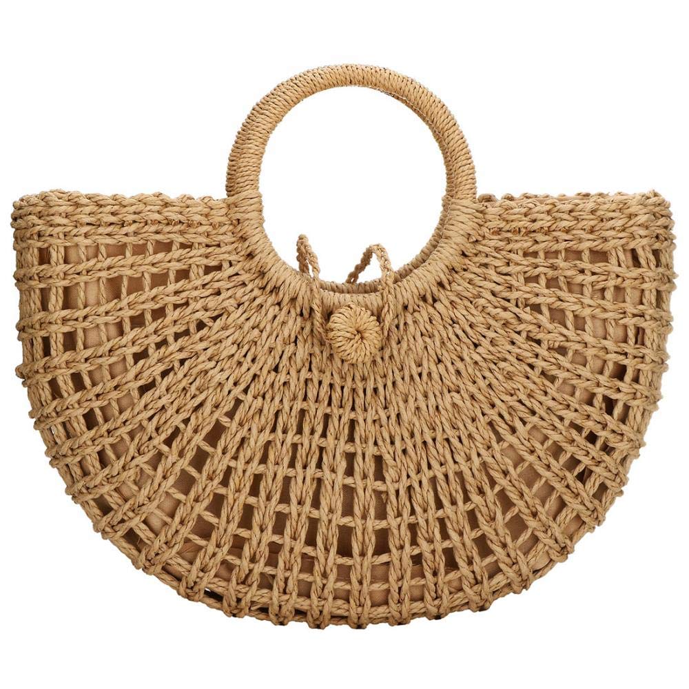 Handwoven Rattan Top-handle Bag for Women Bohemian Round Straw Tote Bag Beach Large Carrying Handbag (Khaki)