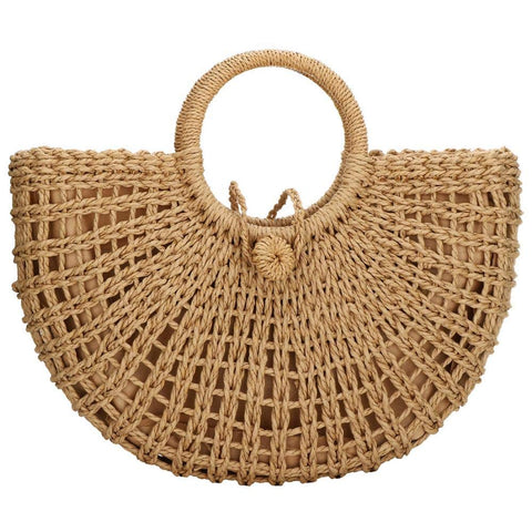 Handwoven Rattan Top-handle Bag for Women Bohemian Round Straw Tote Bag Beach Large Carrying Handbag (Khaki)