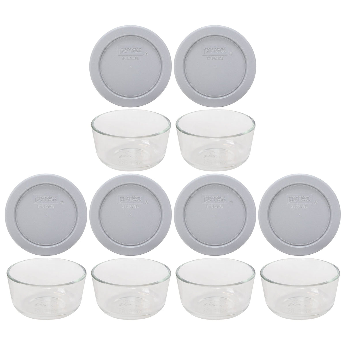 Pyrex (6 7202 Glass Bowls & (6) 7202-PC Jet Gray Lids Made in the USA