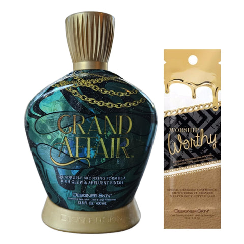Designer Skin Grand Affair Quadruple Bronzing DHA Bronzer Tanning Lotion 13.5 oz with Designer Skin Worship Worthy Packet 0.5 fl oz