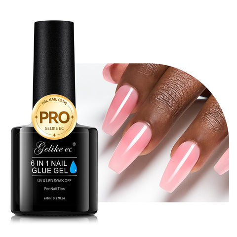 Gelike EC Sheer Blush Pink Nail Glue Gel - 6 in 1 Nail Glue Nude Pink for Clear Acrylic Nail French Manicure,Long Lasting Adhesive UV Nail Glue for Clear Press On Nail Tips,UV Cure Required