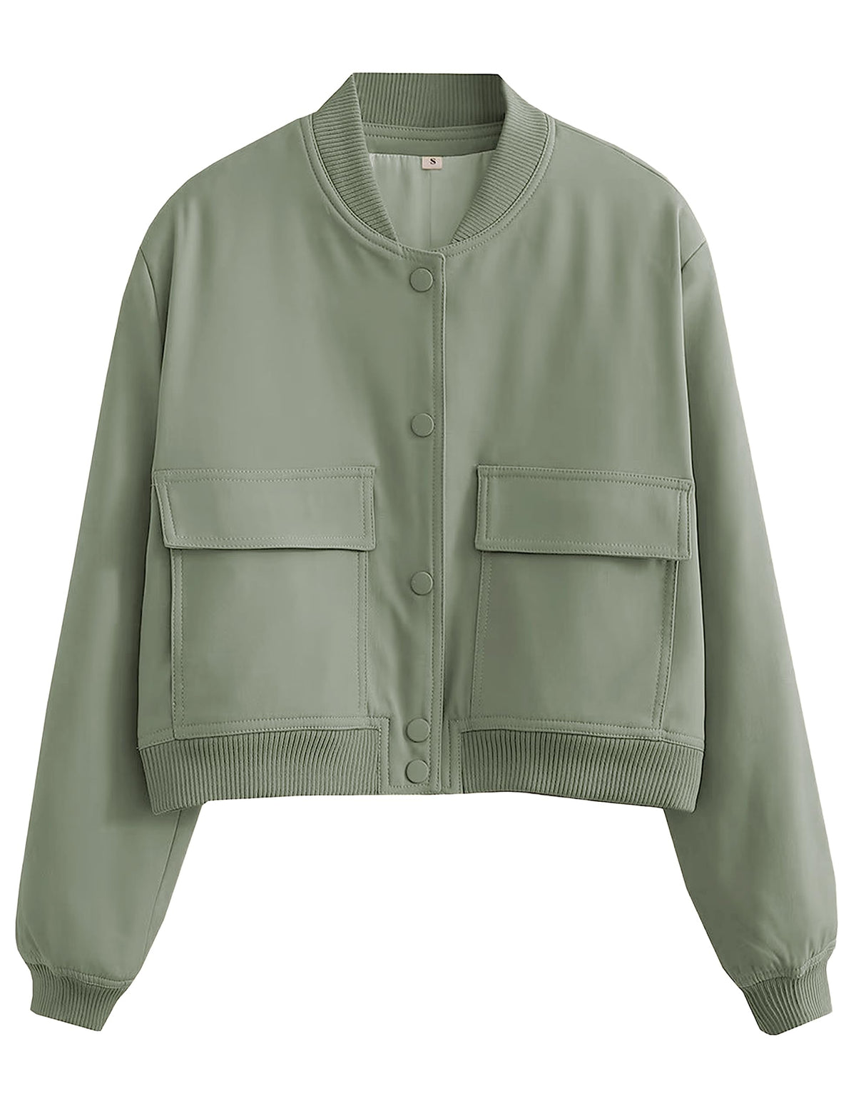 Faleave Women's Cropped Bomber Jacket Casual Street Button Down Varsity Jacket with Two Big Pockets(Peagreen-M)
