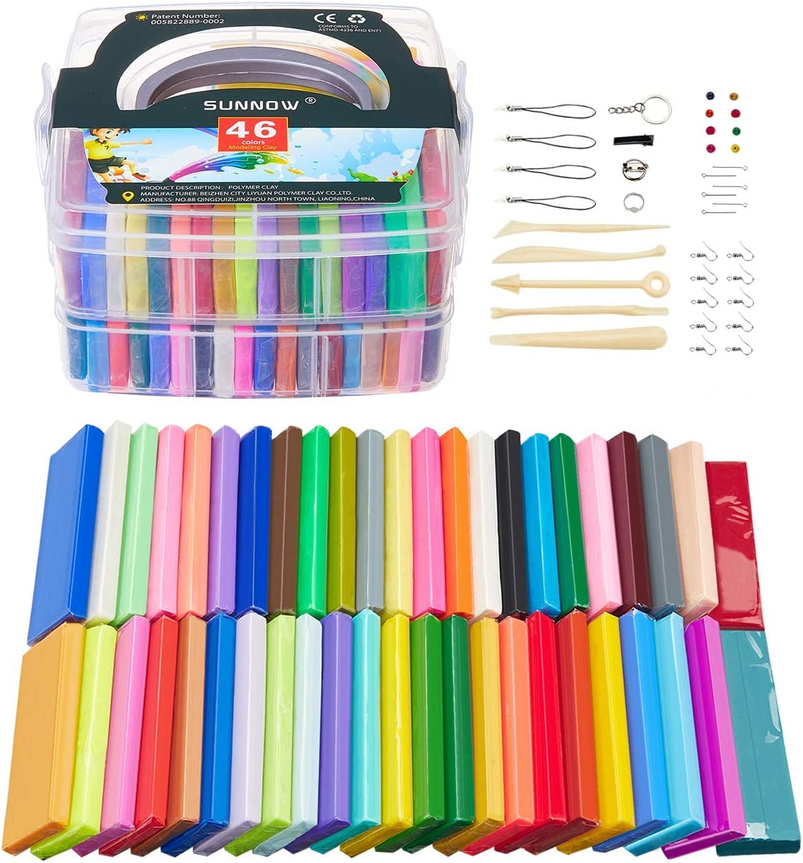 Polymer Clay-SUNNOW 46 Colours Modelling Clay Blocks DIY Craft Clay Kit Soft and Nontoxic Oven Bake with Clay Tools and Accessories Best Gifts for Kids, Bright Colour