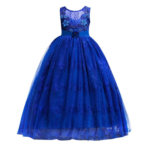 HIHCBF Girl's Pageant Birthday Party Princess Dress Vintage Floral Embroidery Lace Tulle Maxi Wedding Evening Dance Prom Royal Blue 15-16T