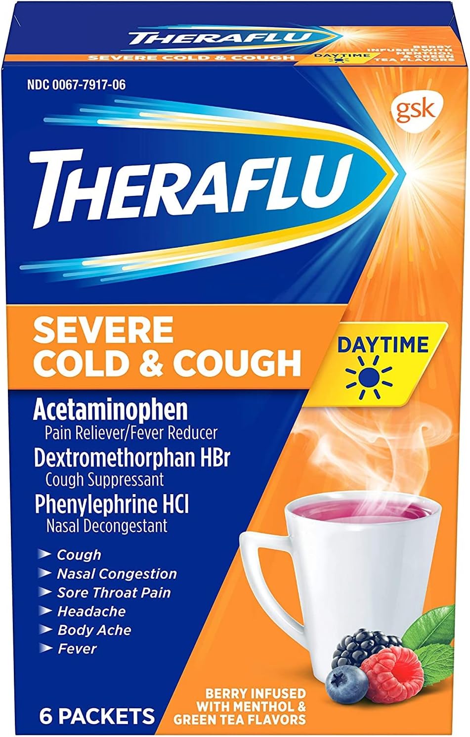 Theraflu Daytime Severe Cold & Cough Packets Berry Infused with Menthol & Green Tea Flavors - 6 ct, Pack of 2