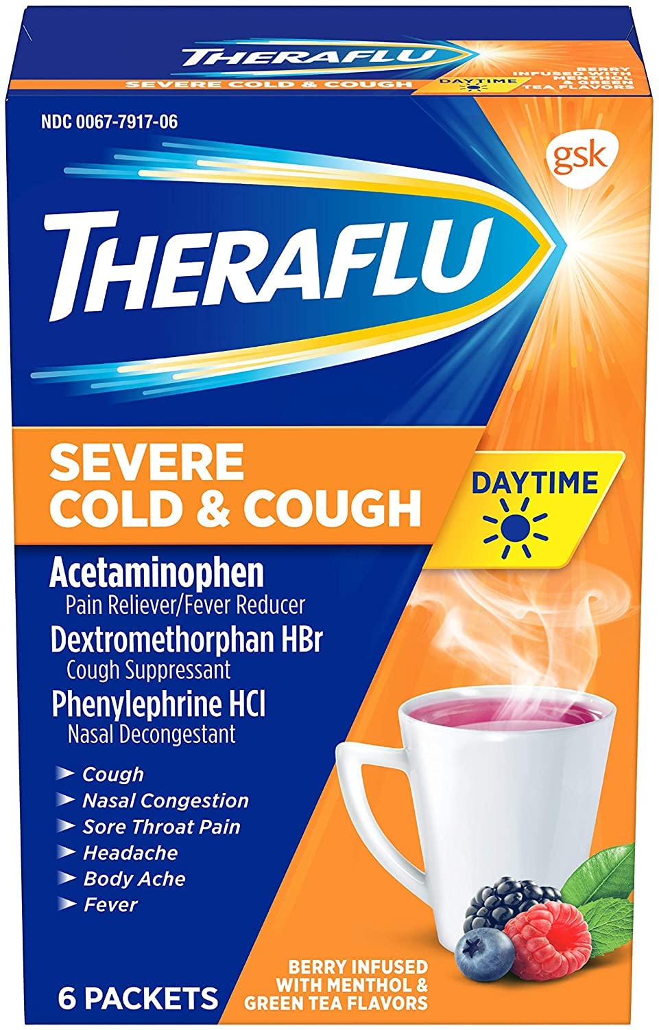 Theraflu Daytime Severe Cold & Cough Packets Berry Infused with Menthol & Green Tea Flavors - 6 ct, Pack of 2
