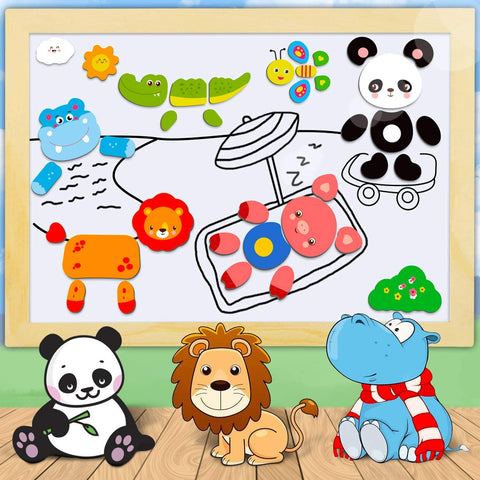 COOLJOY 100+ PCS Wooden Magnetic Puzzle, Magnetic Puzzle Board, Cute Pets Pattern Games Double Sided Jigsaw, Educational Drawing Easel Blackboard Wood Toys For Kids Up 3 Years Old Imagination