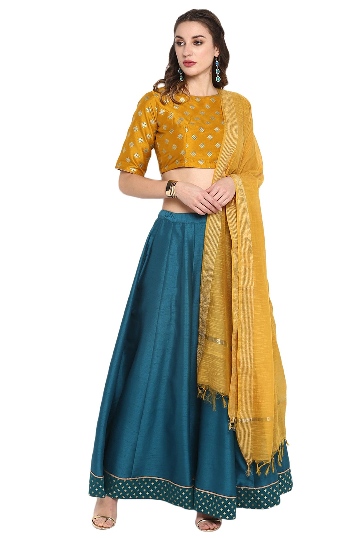 Janasya Indian and Poly Silk Lehenga Choli with Dupatta for Women (Mustard, Medium)