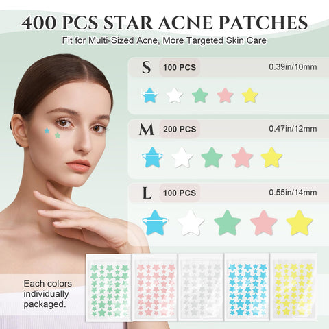 Generic Star Acne Patches 5 Colors, Hydrocolloid Pimple Patches for Face and Skin Care Acne Spot Dots Cute Face Stickers Blemish Cover 10mm/12mm/14mm Absorbing Zit Patches (400 Count)