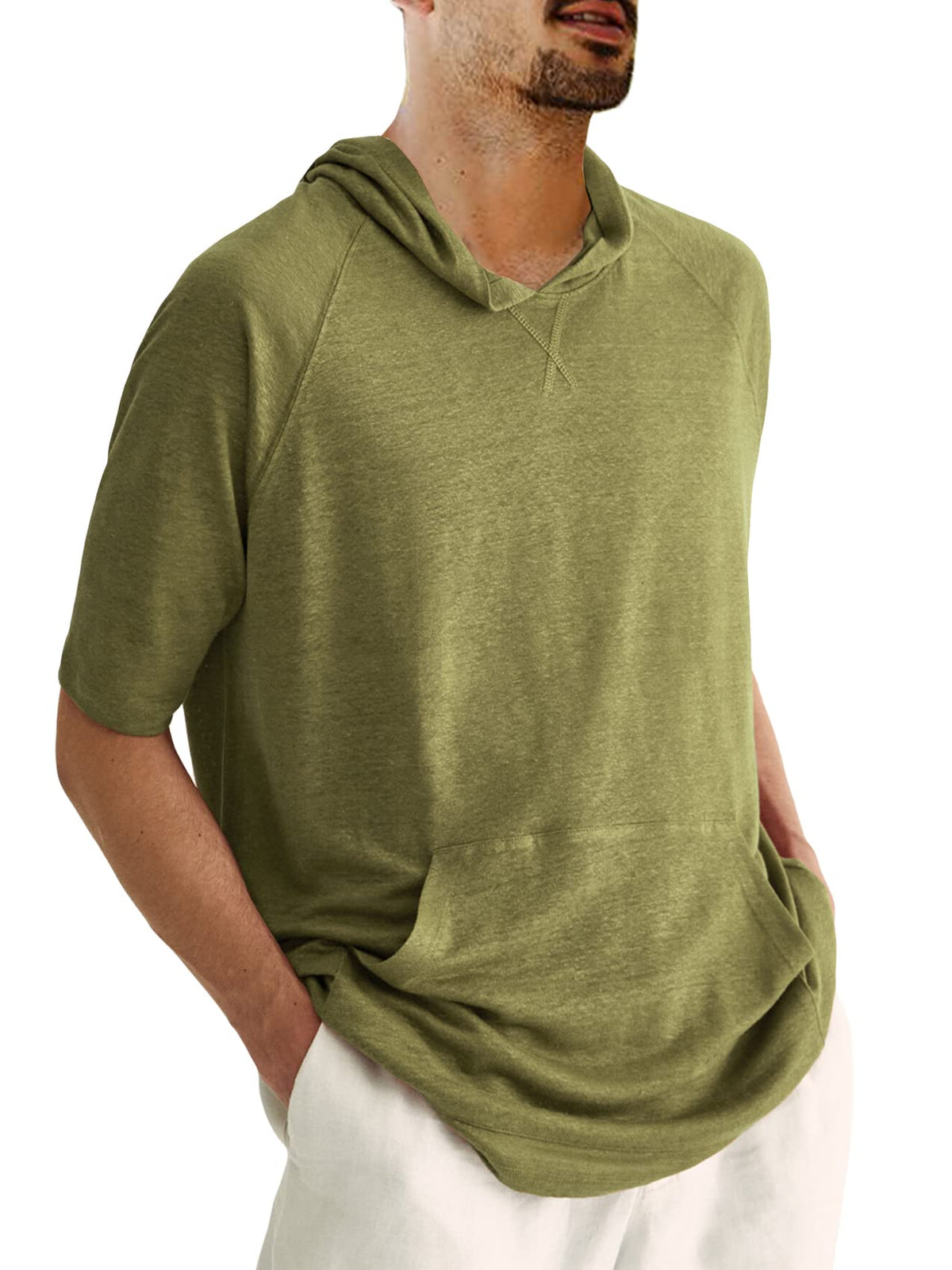 Yasiter Men's Thin Hooded T Shirt Sweatshirts Short Sleeve Cool Solid Color Pullover Hoodies with Kangaroo Pockets Green