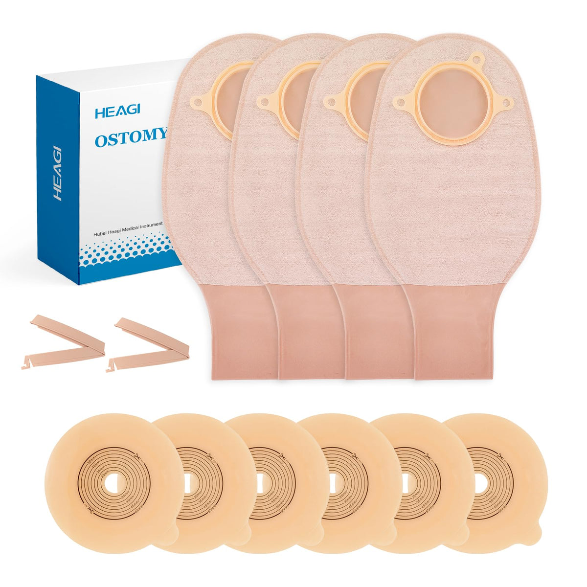 Heagimed 22pcs Ostomy Supplies Stoma Bags, 2 Piece Colostomy Bags with Clamp Closure, 15-55mm Cut-to-Fit Drainable Stoma Bag for Ileostomy Stoma Care (16 x Ostomy Bags+ 6 x Barrier+2 x Clamp)