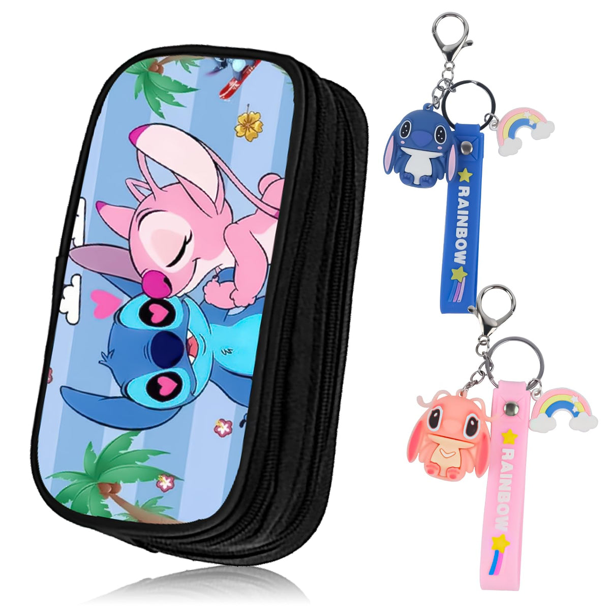 Sti-tch Children's Pencil Case + 2 Stitch Keyrings, Portable Pencil Bag, Filled School Pencil Case, Anime Pencil Case for Boys Girls School Students Stitch Fans, Children's Gift, blue, Cartoon