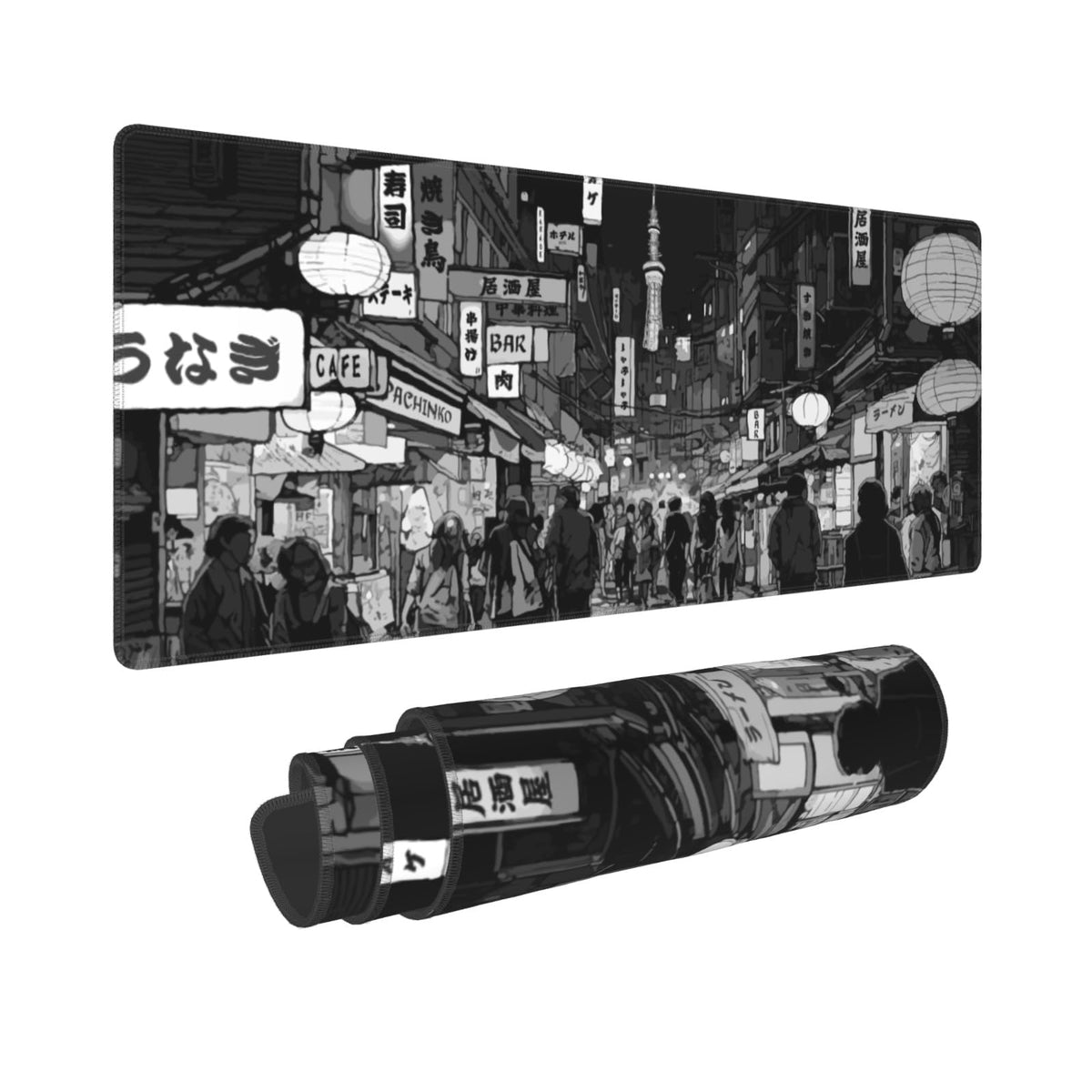 Black White Japanese Anime Mouse Pad 31.5x11.8 XL Street Design Kawaii Style Extended Mousepad Large Keyboard Mouse Mat Desk Pad with Non-Slip Rubber Base Stitched Edges for Home Office Game