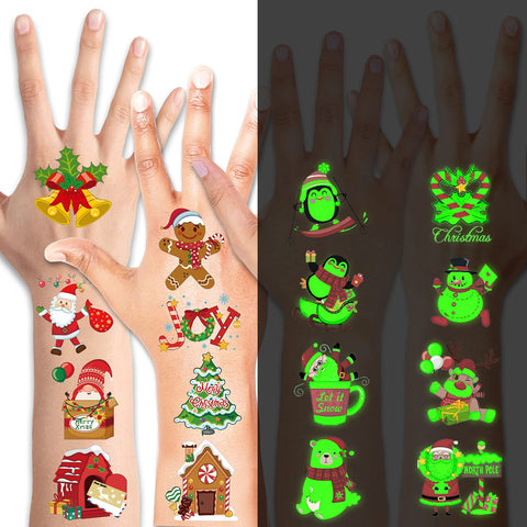 HOWAF 96 pcs Christmas Luminous Temporary Tattoos Stickers for Kids, Waterproof Tattoo Stickers with 48 Patterns for Kids Children Christmas Holiday Party Supplies Favors