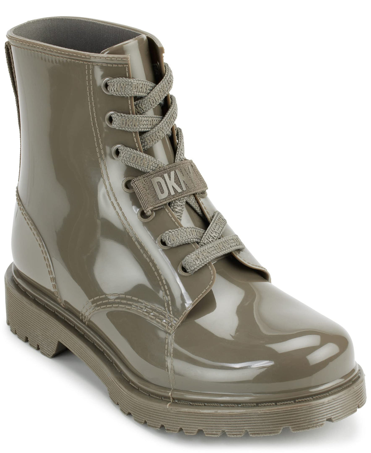 DKNY Women's Lace-up Metallic Shiny Classic Rain Boot, Pewter, 8