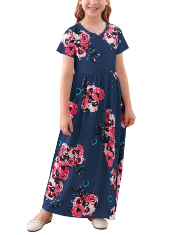 GORLYA Girl's Short Sleeve Floral Print Loose Casual Long Maxi Dress with Pockets 4-12 Years(GOR1001,12Y,RedFlower)