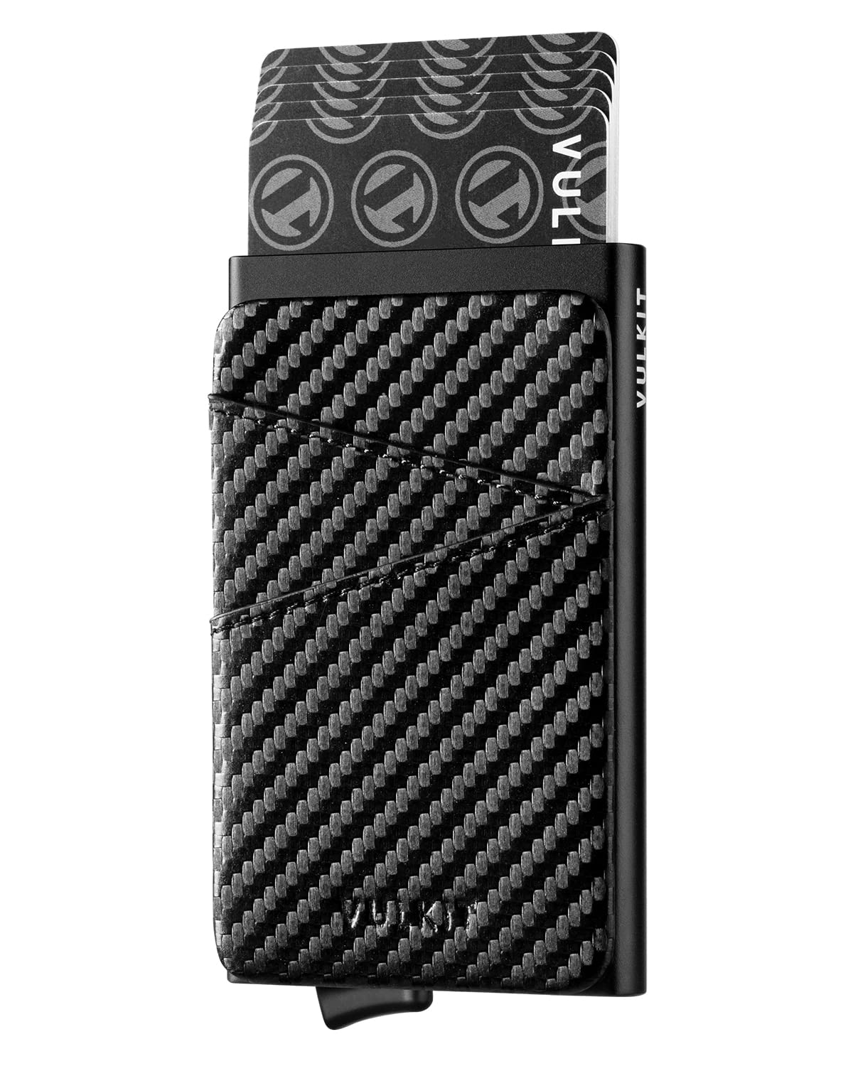 VULKIT Credit Card Holder Pop up Wallet with Extra Leather Slots RFID Blocking Slim Metal Card Case for Men or Women(Carbon Black)