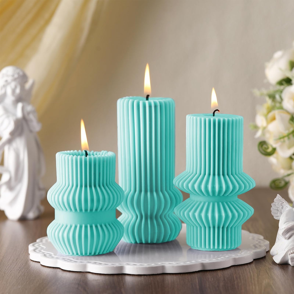 MTLEE 3 Pcs Small Ribbed Pillar Candles Scented Pillar Candle Tall Pillar Candle Soy Wax Aesthetic Candle 4.7, 4.2, 3.2 in Height Modern Geometric Home Decor for Bathroom Living Room(Turquoise)