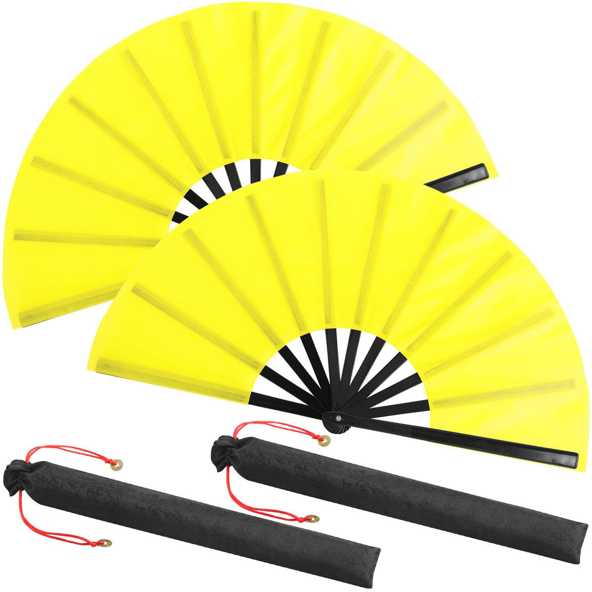 Maitys 2 Packs Large Folding Hand Fans Festival Tai Ji Fan Chinese Folding Rave Fan Handheld Renaissance Fan Martial Art Fans for Men and Women, Dance, Decorations, Festival, Gift (Yellow)