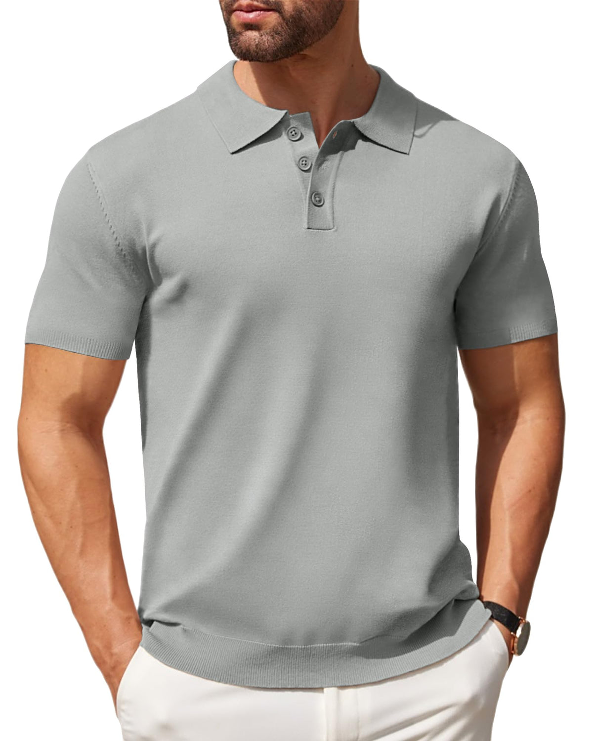 COOFANDY Men's Knit Polo Shirt Short Sleeve Vintage Golf Shirt Lightweight Classic Fit Shirts Grey