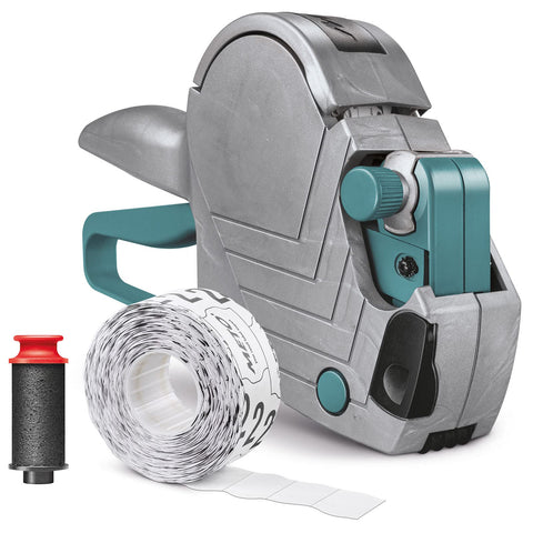Meto Basic S Price Gun Set - Price, Date, Best-Before Date (Single-line, 8 Digits for 22Ã—12 mm Labels, Ready to use), 1 Ã— Gun Labeller, Silver-Teal