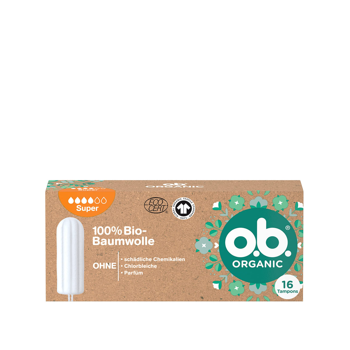 o.b. Organic Super, Organic Tampons for Strong Days, Made from 100% Organic Cotton for Reliable & Natural Protection (1 x 16 Pieces)
