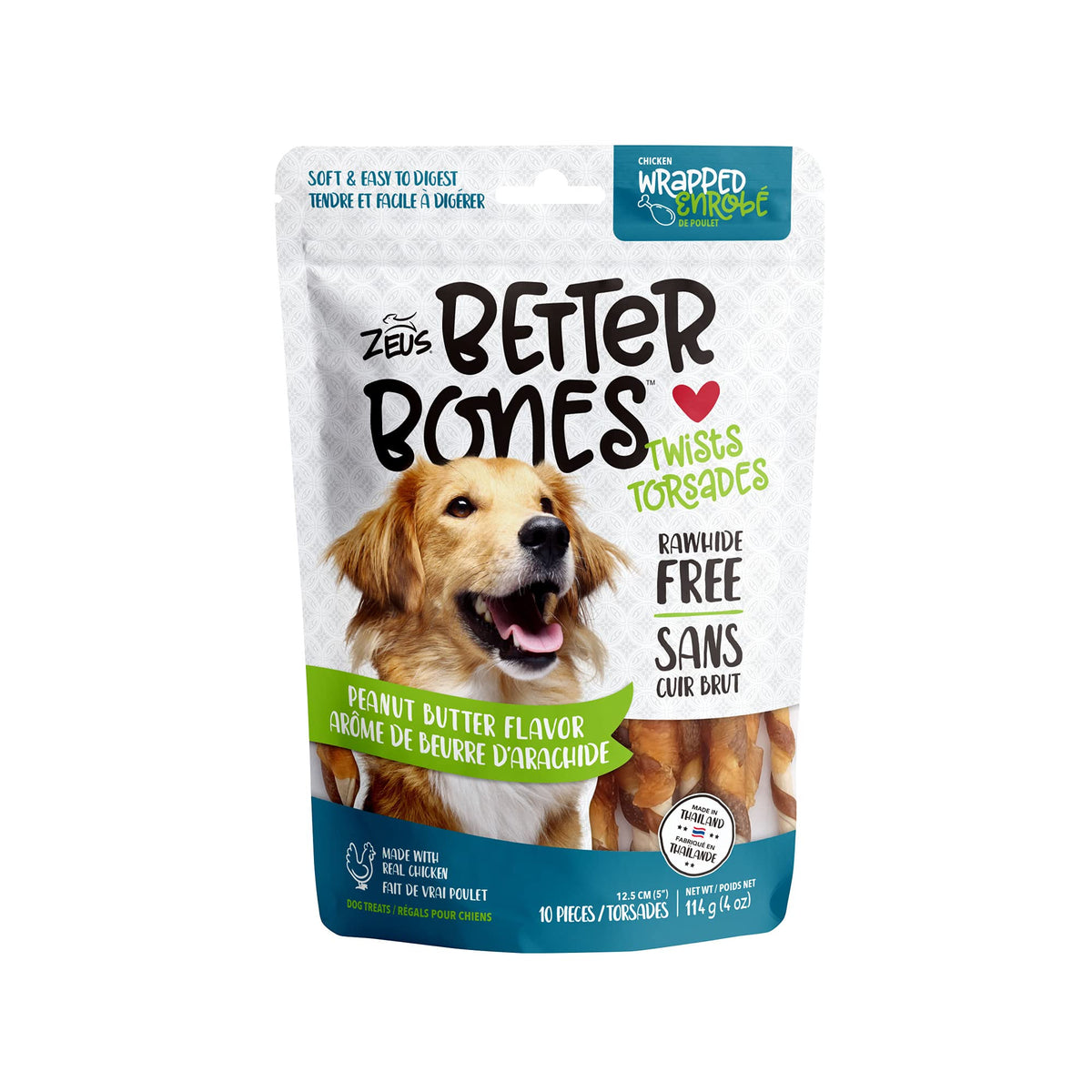 ZEUS Better Bones Twists Dog Treats, Peanut Butter Chicken-Wrapped Twists 10 Pack - Rawhide Free Healthy Dog Treats