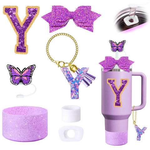7Pcs Purple Stanley Cup Accessories Set for Stanley Cup 30&40 Oz Tumbler - Silicone Straw Cover Cap and Boot, Letter Charm for Handle, Spill Proof Stopper, Bow straw Decoration, Initial Sticker(Y)