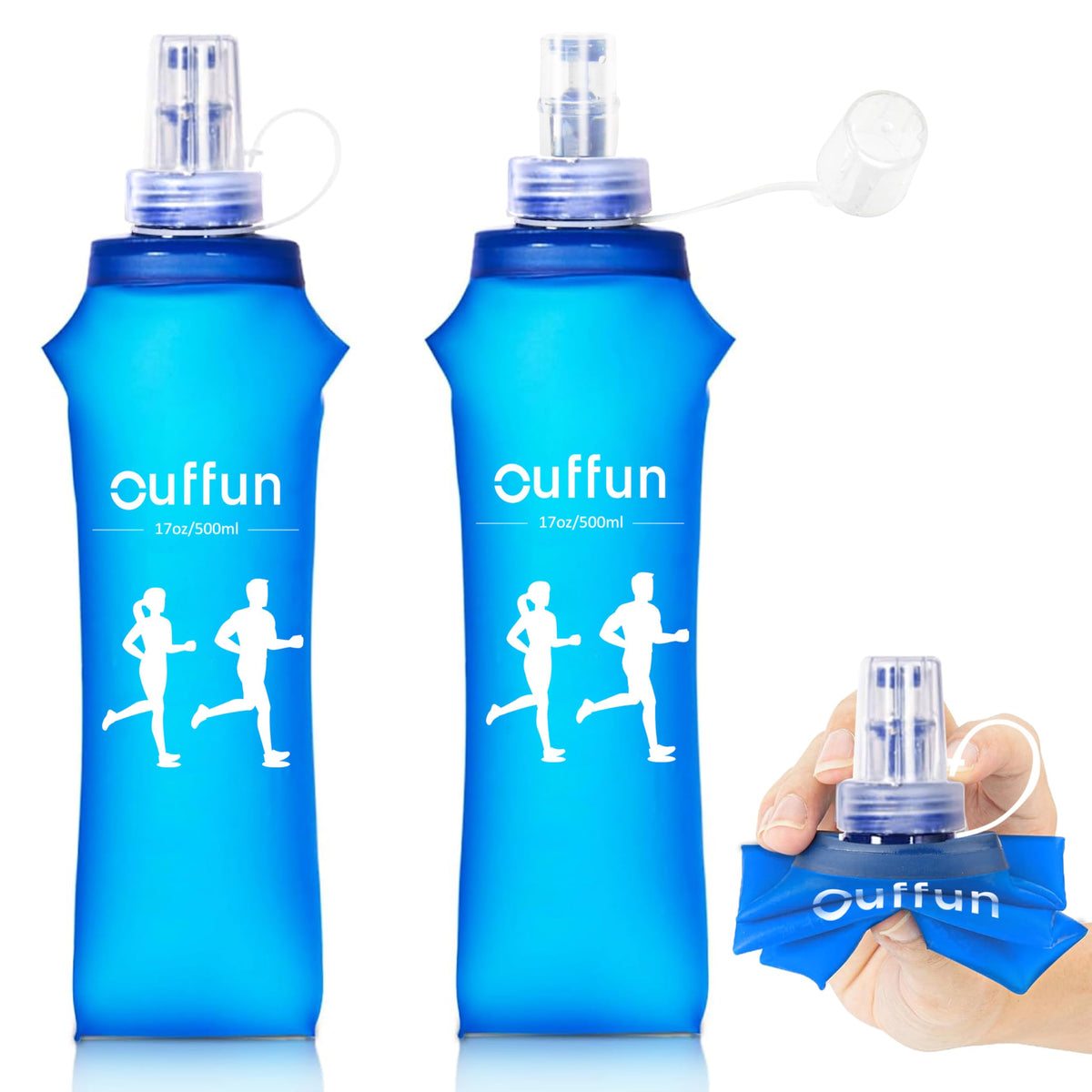 Ouffun 17oz/500ml Soft Flask Running Bottles for Hydration Pack, TPU Collapsible Running Water Bottle Reusable Handheld Running Flask