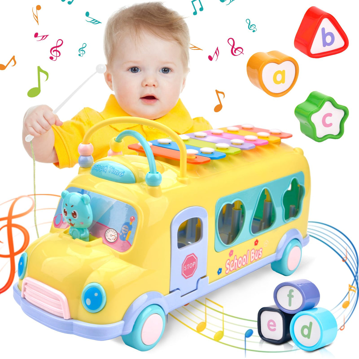 Baby Sensory Toys, Toddler Toy Educational Toy, Musical Bus Toys for 1 2 3 Year Old Boys Girls, Baby Xylophone Toys Kids 6 to 12 18 Months, Crawling Car Shape Sort Toys for Kids Birthday Gifts