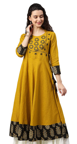 Yash Gallery Women's Cotton Slub Sequin Work Angrakha 3/4 Sleeve Ladies Indian Dress Kurta, Mustard, XS