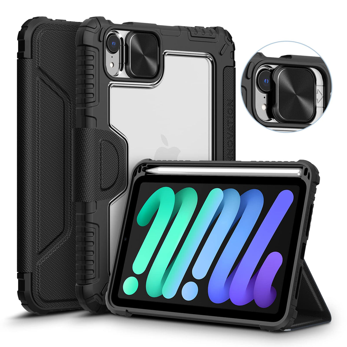 Nillkin iPad Mini 6 Case 2021 (6th Generation, 8.3-inch),[ Pencil Holder &Sliding Camera Protection] with Trifold Stand intelligent Automatic Wake/Sleep Function, Black