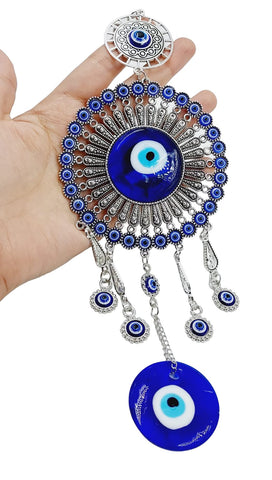 ARTISKRITI Evil Eye Hanging for Home Entrance Door Decoration, Nazar Battu for Home Protection, Good Luck Charm and Prosperity, Big Size (Blue and Silver)