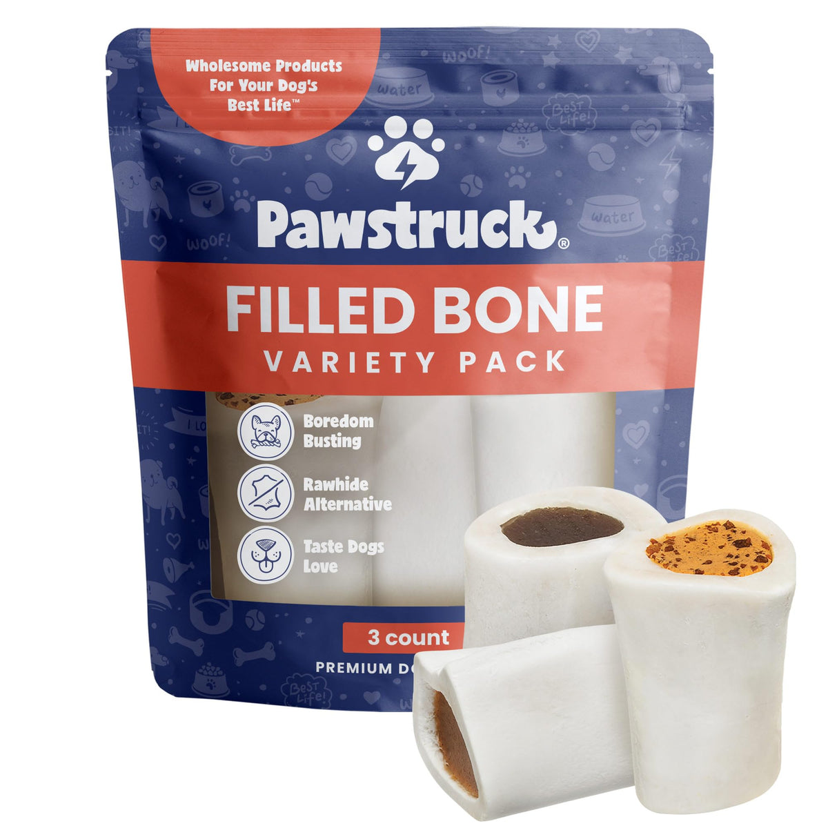 Pawstruck Small 3ÃƒÆ’Ã‚Â¢ÃƒÂ¢Ã¢â‚¬Å¡Ã‚Â¬Ãƒâ€šÃ‚Â Filled Dog Bones Variety Pack - Peanut Butter, Cheese & Bacon, Beef Flavors - Made in USA Long Lasting Stuffed Femur Treat for Aggressive Chewers - Pack of 3 - Packaging May Vary