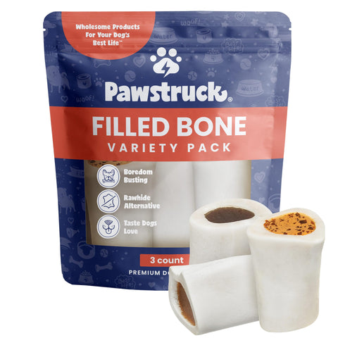 Pawstruck Small 3ÃƒÆ’Ã‚Â¢ÃƒÂ¢Ã¢â‚¬Å¡Ã‚Â¬Ãƒâ€šÃ‚Â Filled Dog Bones Variety Pack - Peanut Butter, Cheese & Bacon, Beef Flavors - Made in USA Long Lasting Stuffed Femur Treat for Aggressive Chewers - Pack of 3 - Packaging May Vary